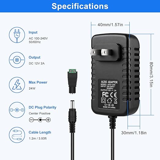 12V 24W Wall Plug Power Supply - AC 100-240V Input, Black Housing with US Plug for LED Strip Lights, Router and Electronic Devices