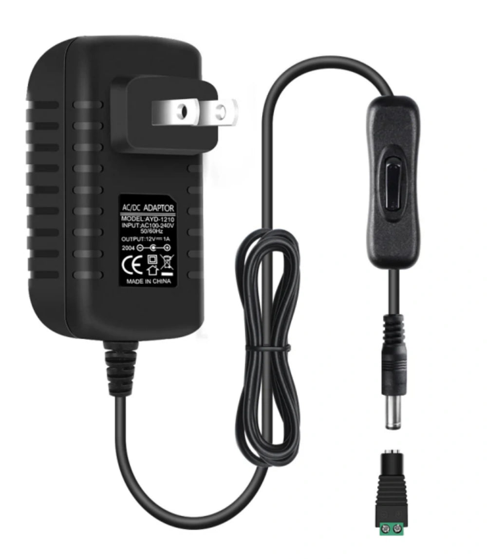 DC 12V Power Supply Adapter with On/Off Switch, 12W/24W/36W Options, US Plug, Black/White Housing, 100–240V AC Input, Wall Plug Charger for LED Strip Lights and Electronics