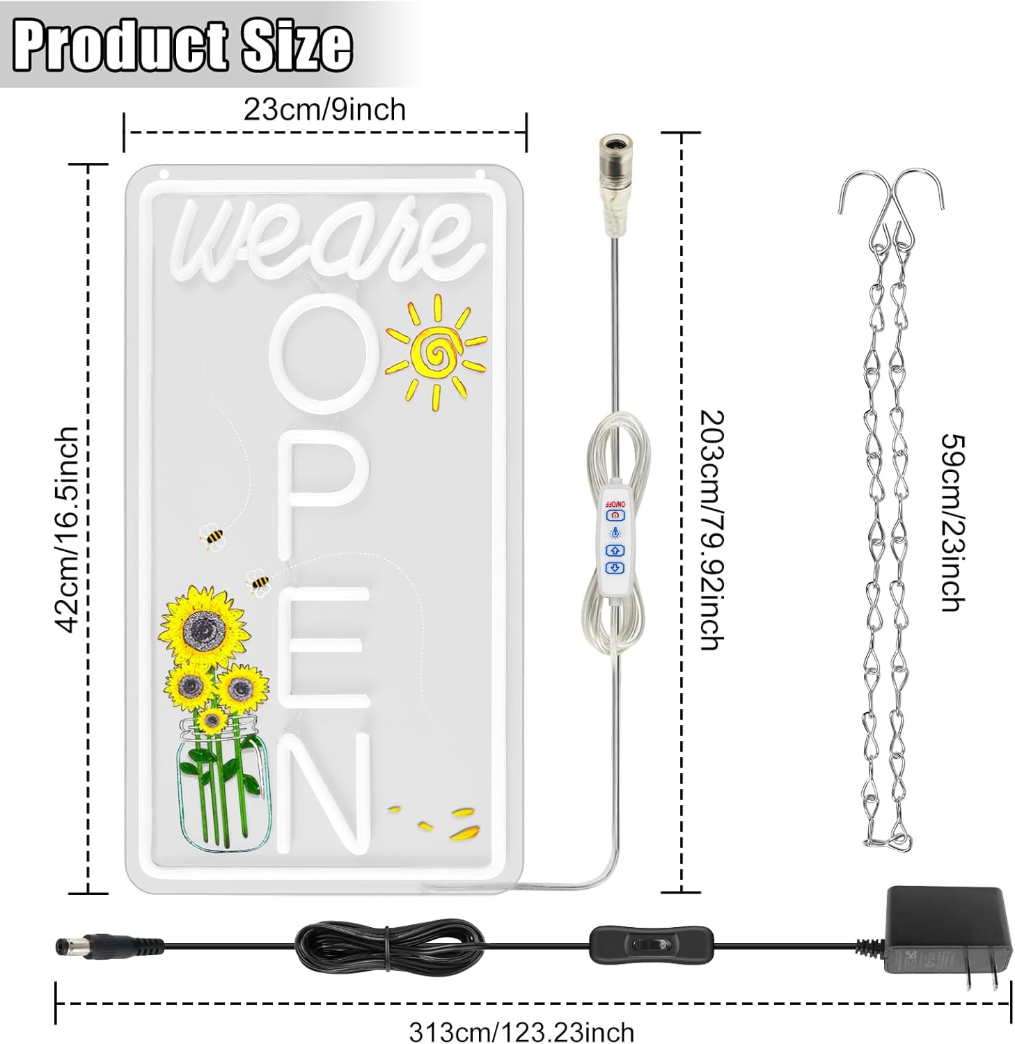 Enseigne verticale néon « Nous sommes ouverts » – Blanc chaud et éclat blanc | 43 cm x 23 cm / 58 cm x 30 cm | Suspension pour vitrine | Plug & Play pour vitrines