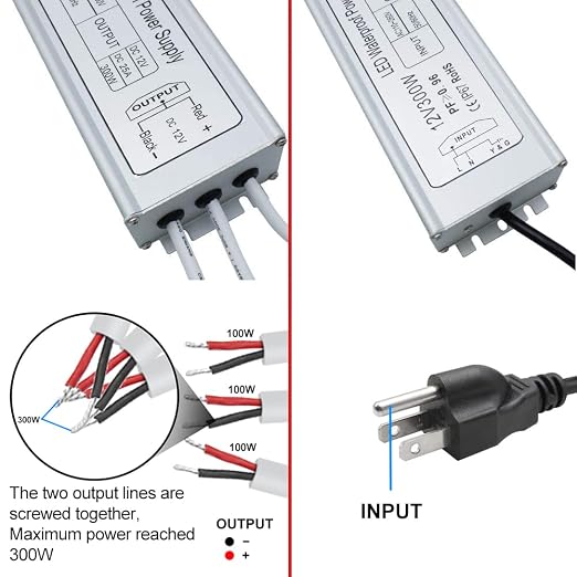 12V Waterproof LED Power Supply 300W, 90–265V Input, Single/Dual/Triple Wire Output, Aluminum Housing, Outdoor LED Driver, CE/RoHS/FCC —US/UK/EU Plug & Wire Leads Options