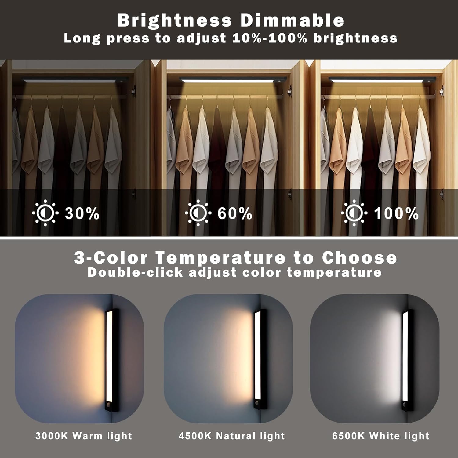 2 Pack Rechargeable Under Cabinet Light – 9” / 12” | 3CCT (3000K/4000K/6000K) | Motion Sensor & Touch Dimming | Magnetic Mount | Silver or Black Finish