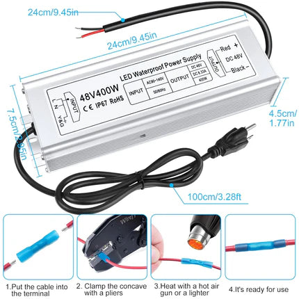 48V LED Power Supply, 175–265V Input, 100W–400W, Constant Voltage Transformer, IP67 Waterproof SMPS, CE/RoHS/FCC — UK/EU Plug & Wire Leads Options