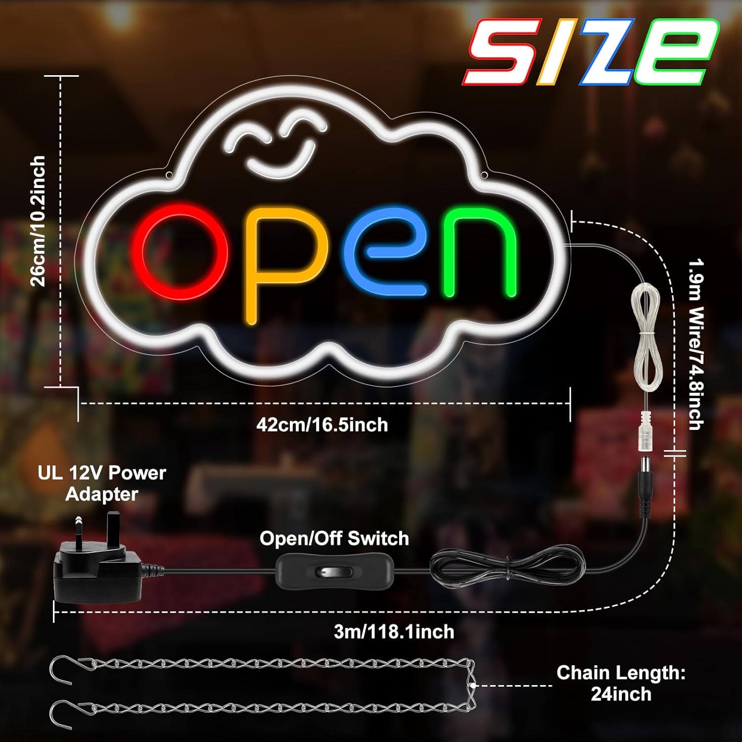 Panneau LED « OPEN » – Forme de nuage | Panneau néon arc-en-ciel fixe | 2 tailles | Suspension de vitrine | Plug & Play pour vitrines