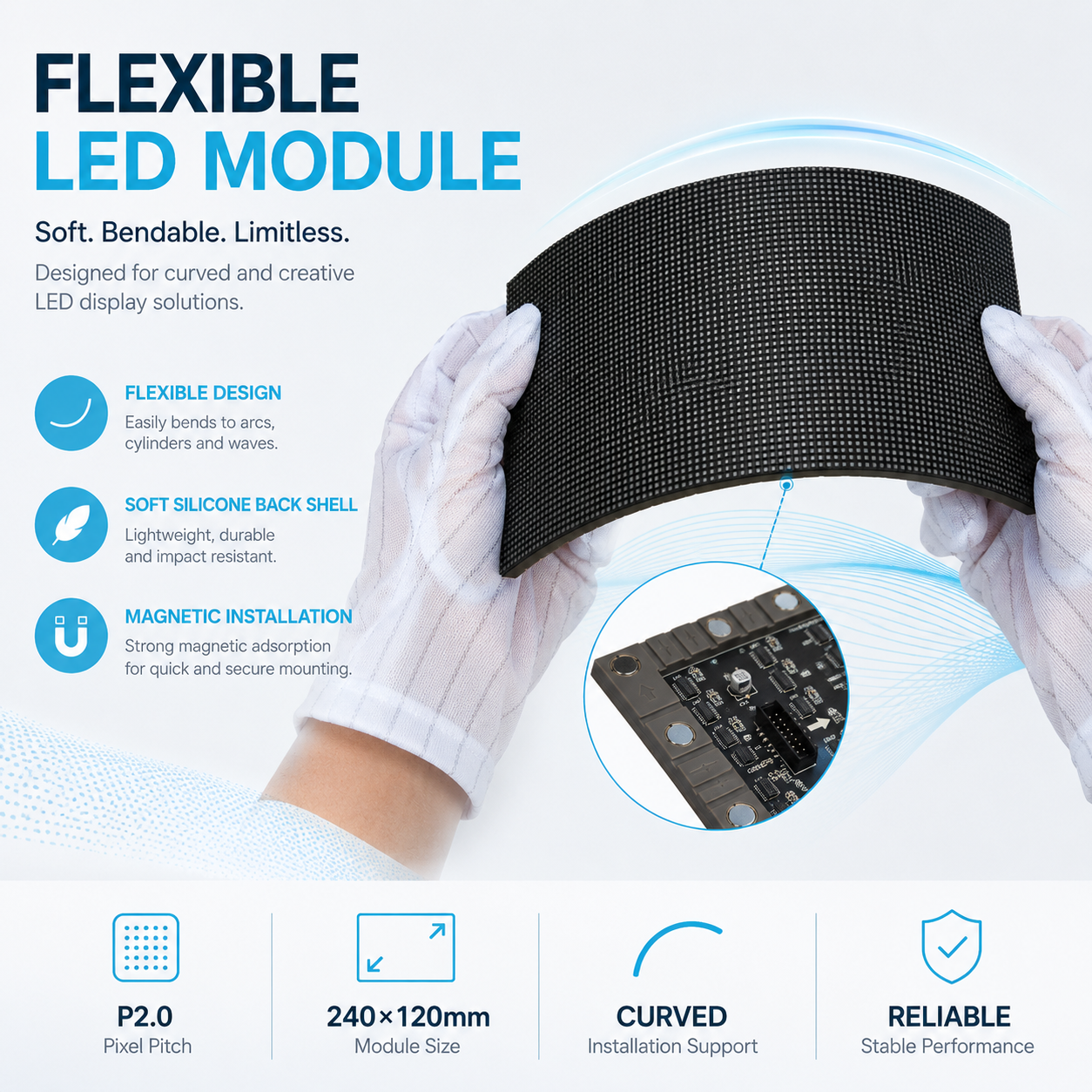 IF-2S Series Indoor Flexible LED Module – P2.0 | 240×120mm | SMD | Soft Back Shell with Magnet | 600nits