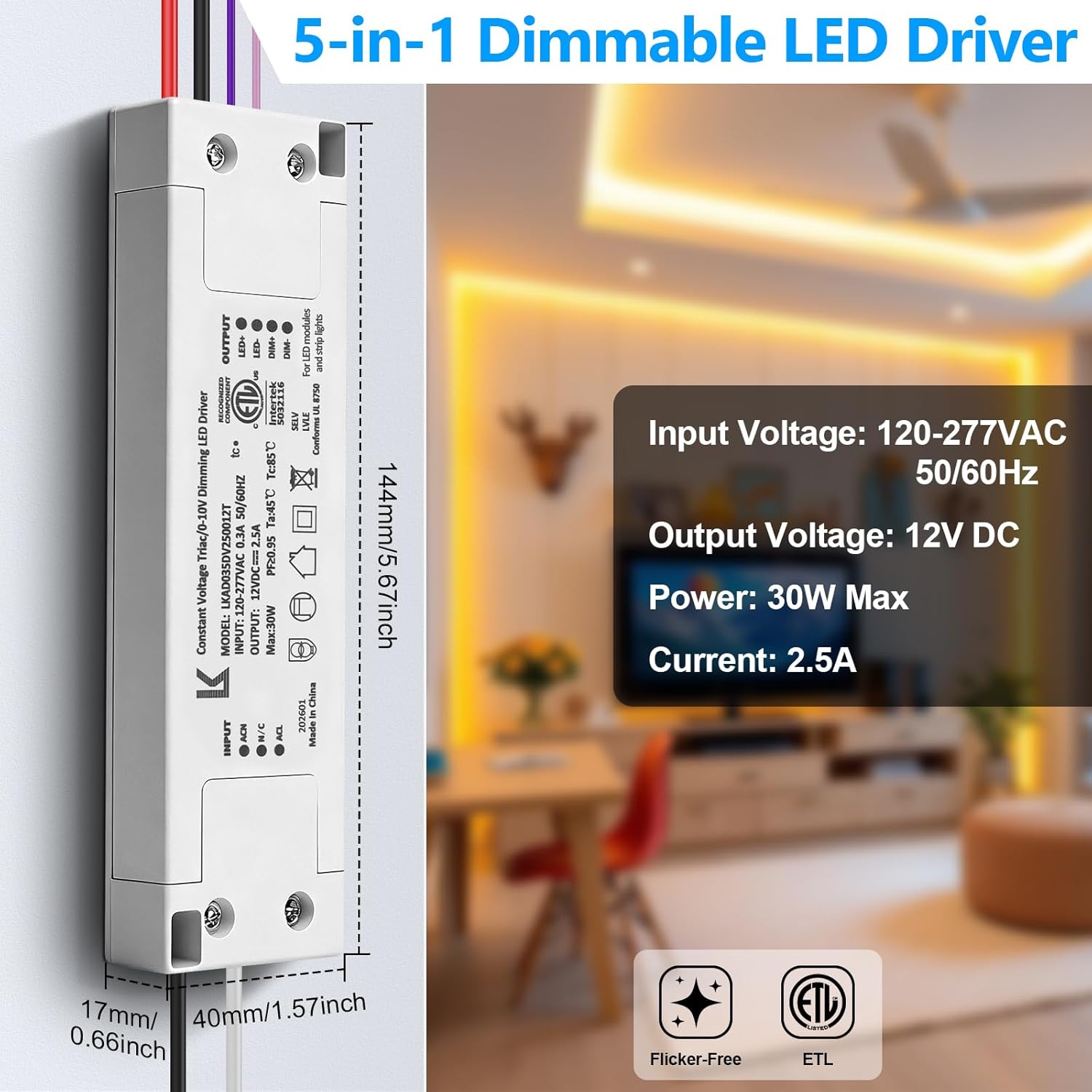12V DC Plastic Case 5-in-1 Dimmable LED Power Supply, 30W/48W/100W, ETL Listed, AC 120–277V Input, Waterproof Driver for Traic/ELV/0-10V/PWM/Resistive Control