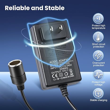 DC 12V Cigarette Lighter Power Supply Adapter 24W/36W, AC 100–240V to 12V Converter Transformer, Car Socket Charger for Pump, Cooler, LED Lights — US Plug