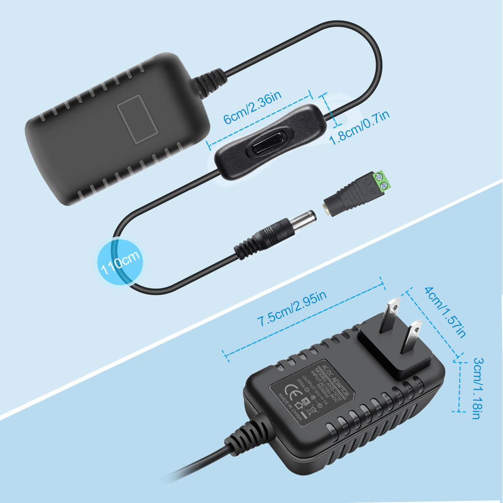 DC 12V Power Supply Adapter with On/Off Switch, 12W/24W/36W Options, US Plug, Black/White Housing, 100–240V AC Input, Wall Plug Charger for LED Strip Lights and Electronics