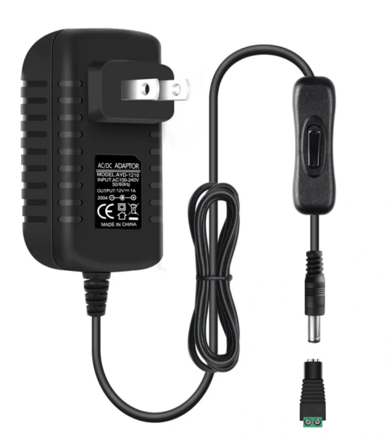 DC 12V Power Supply Adapter with On/Off Switch, 12W/24W/36W Options, US Plug, Black/White Housing, 100–240V AC Input, Wall Plug Charger for LED Strip Lights and Electronics