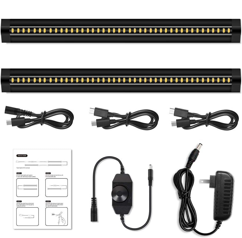 1/2/3 Pack 13 Inch Under Cabinet Light – 12V 5W | Warm / Nature White | Knob Dimmer | Adhesive Mount | Slim Design for Kitchen & Closet – Black Finish