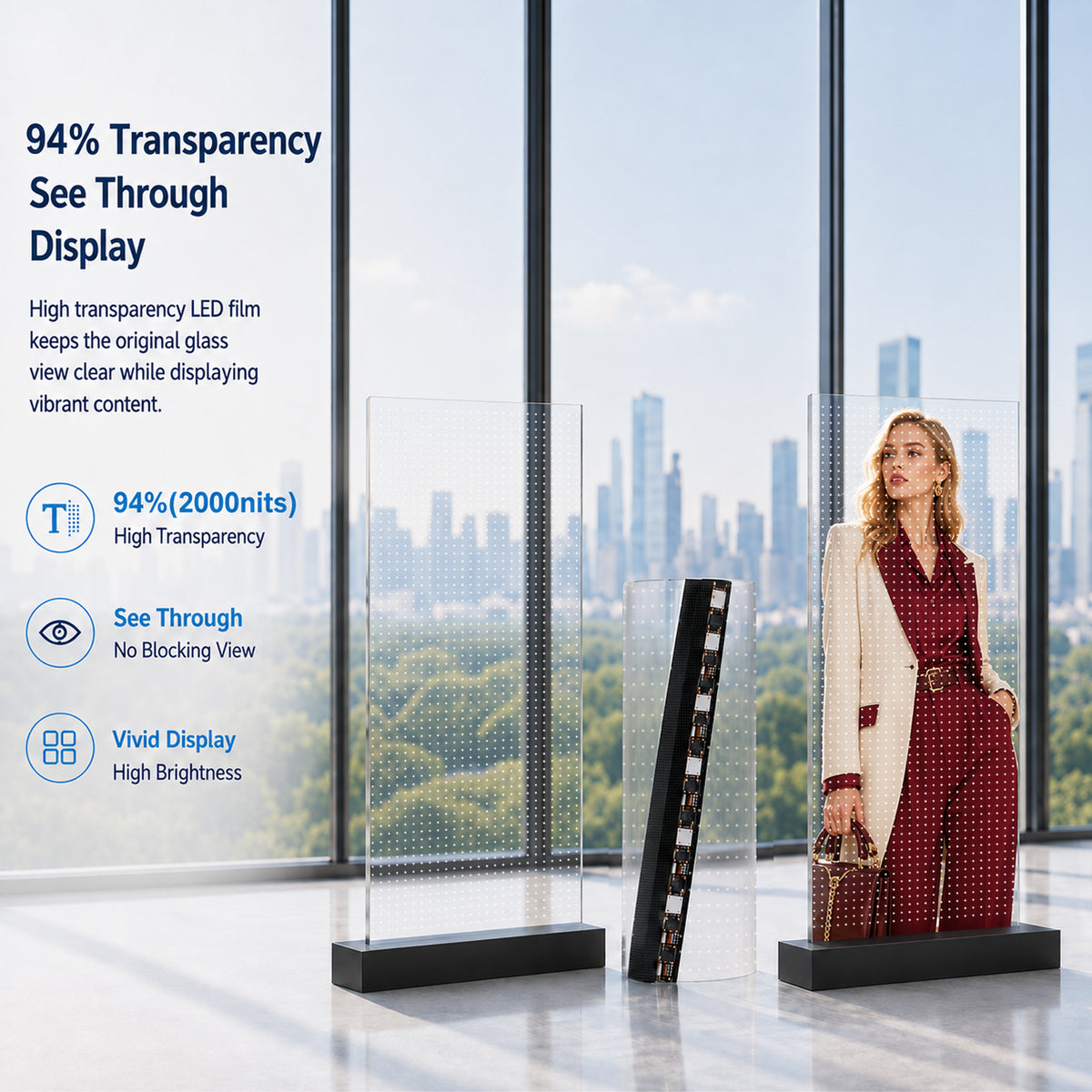 【Standard Modular Panel】HC Series P15 Transparent Adhesive LED Film – 390×990 mm (15.35×38.98 in) | 2000 nits | 94 % Transparency Glass Sticker Screen for Retail Facades & Shopfront Windows | Multiple Kit Options | Plug & Play