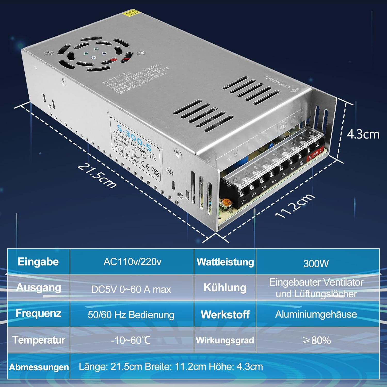 DC 5V Switching Power Supply 10W–300W, AC 110/220V Input, LED Strip Driver Transformer, Industrial Metal Case with Terminals, CE/FCC/RoHS Certified (300W with Cooling Fan)