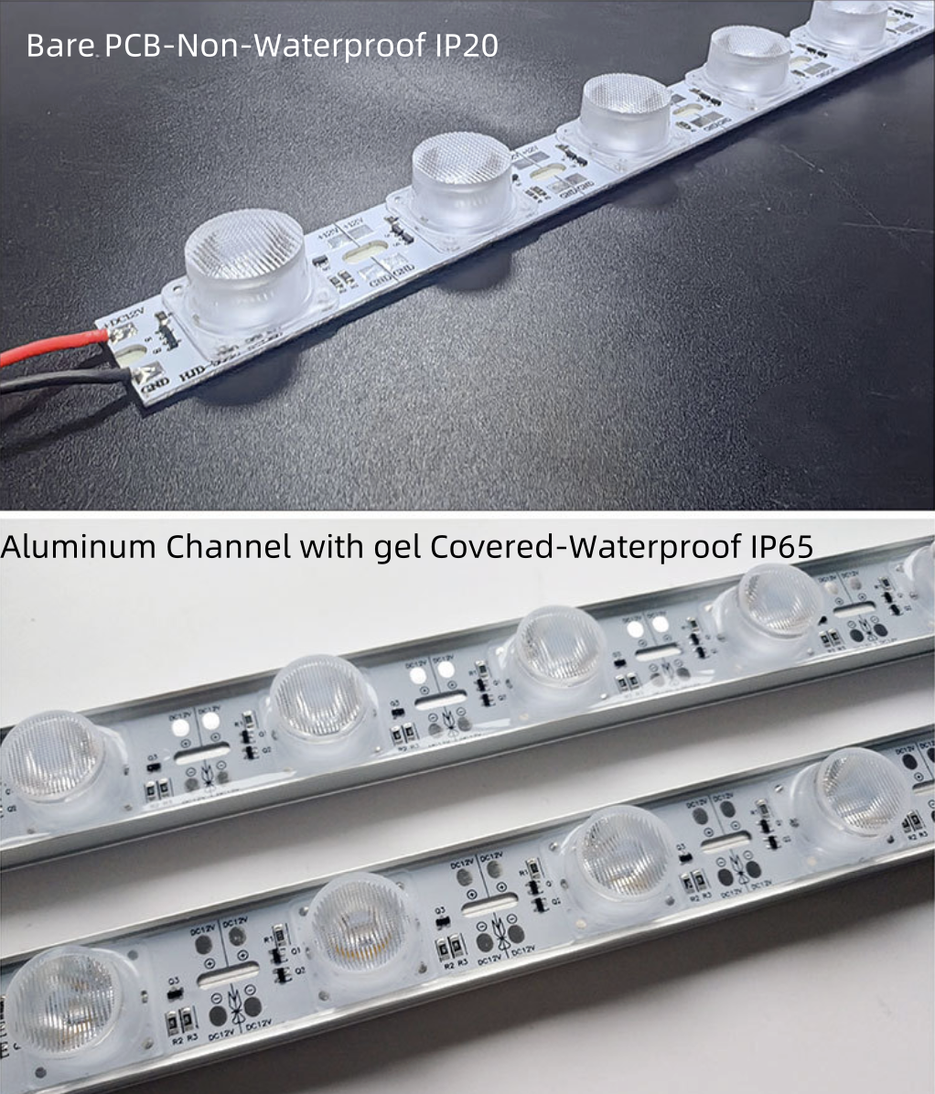 SMD3030 High Brightness Rigid LED Strip Light – 12V DC, 18 LEDs/M, 20W, for Side-Emitting Light Box, Available in Bare PCB (IP20) & Aluminum Channel (IP65), Warm White / Pure White
