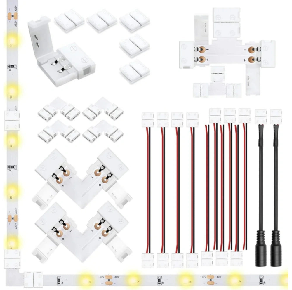 LED Strip Connector Kit – 8mm 2Pin Solderless Assortment Pack | Mixed Set with Strip to Wire / Strip to Strip / L / T / DC Plug – Local Stock US/UK