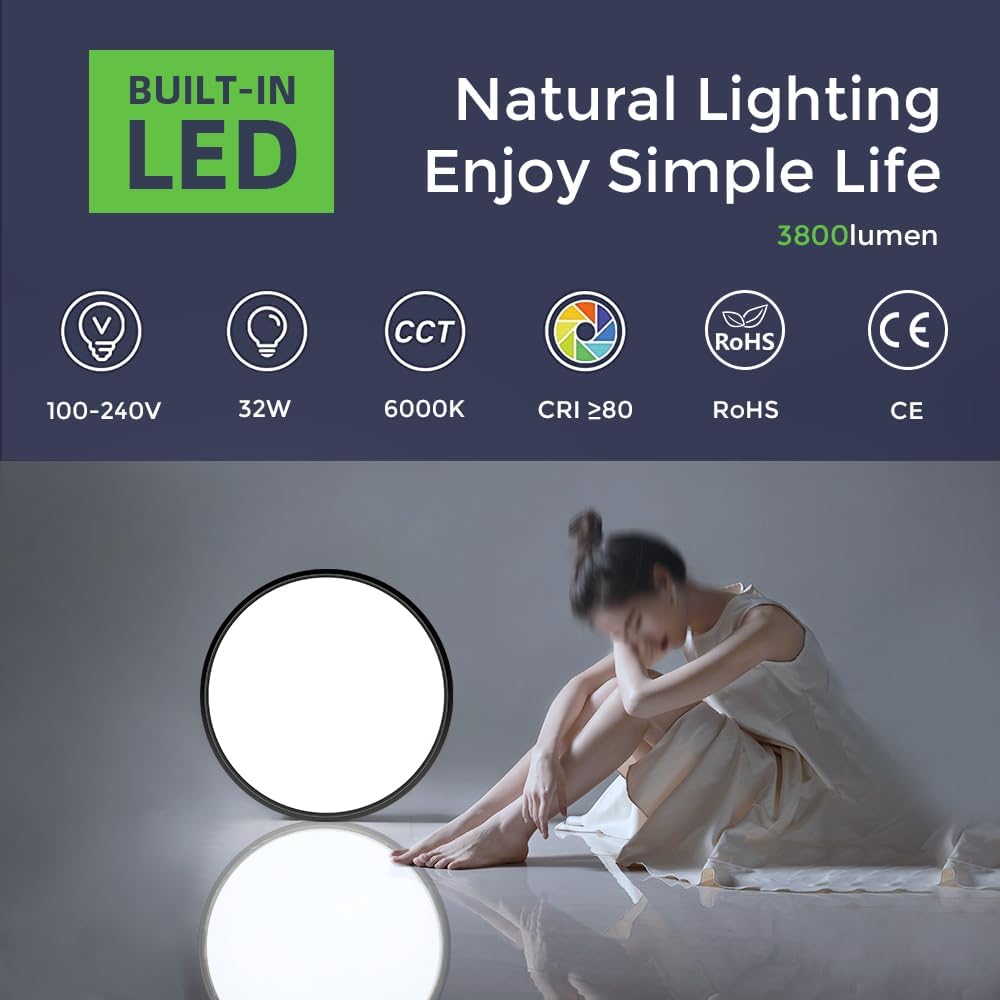 AC 110–130 V runde LED-Deckenleuchte – Schwarz – 18 W / 24 W / 32 W Optionen – 3000 K / 4500 K / 5000 K / 6500 K – Deckenleuchte zur Unterputzmontage – Lokaler Lagerbestand (USA)