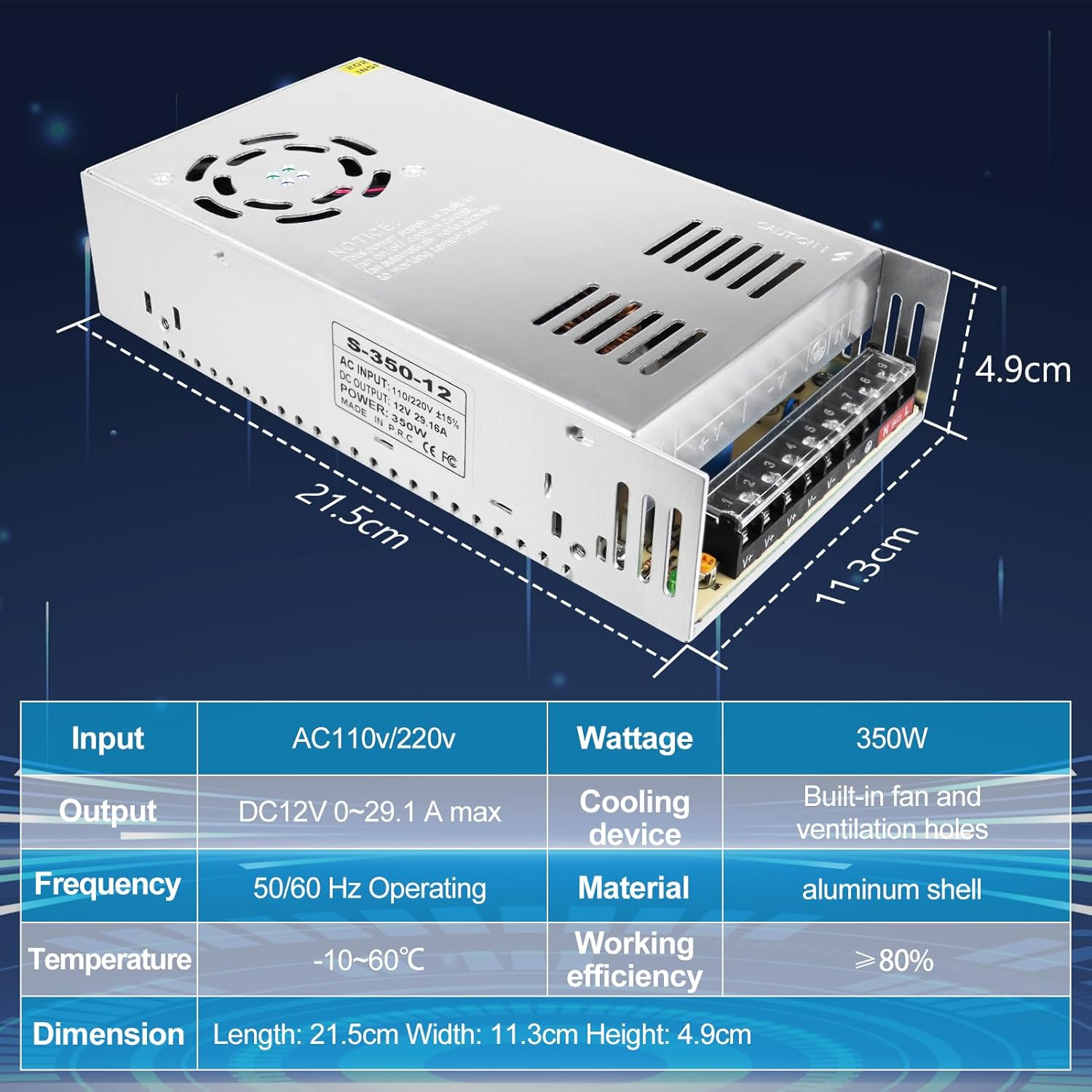 DC 12V/24V Switching Power Supply 300W–600W, AC 110/220V Input, High Power LED Driver Transformer, Cooling Fan Metal Case, CE/FCC/RoHS Certified