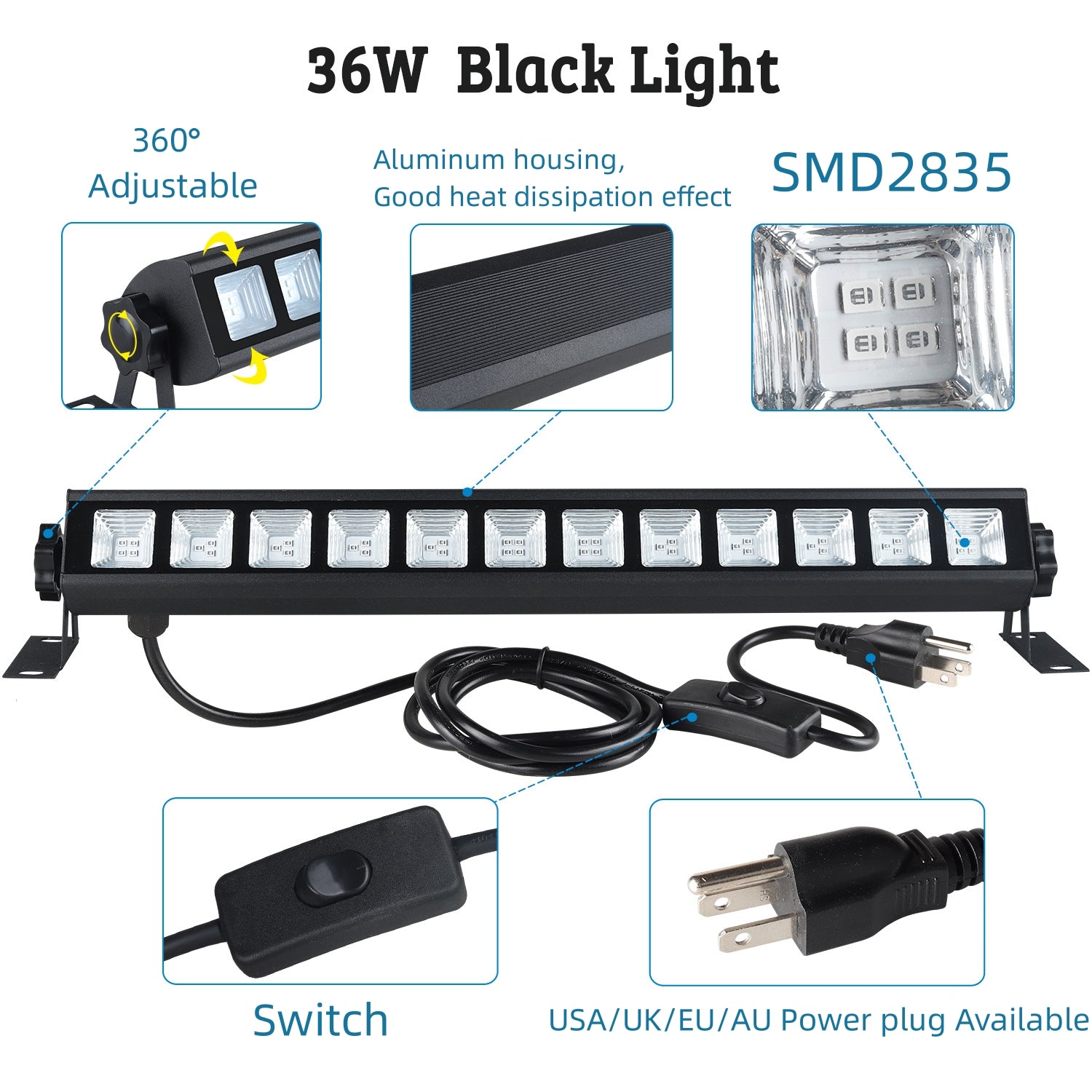 36W 395-400nm LED Black Light Bar, Black Lights for Glow Party, Black light with Plug &Switch, Glow Light for Halloween, Fluorescent Body Paint, Stage Lighting