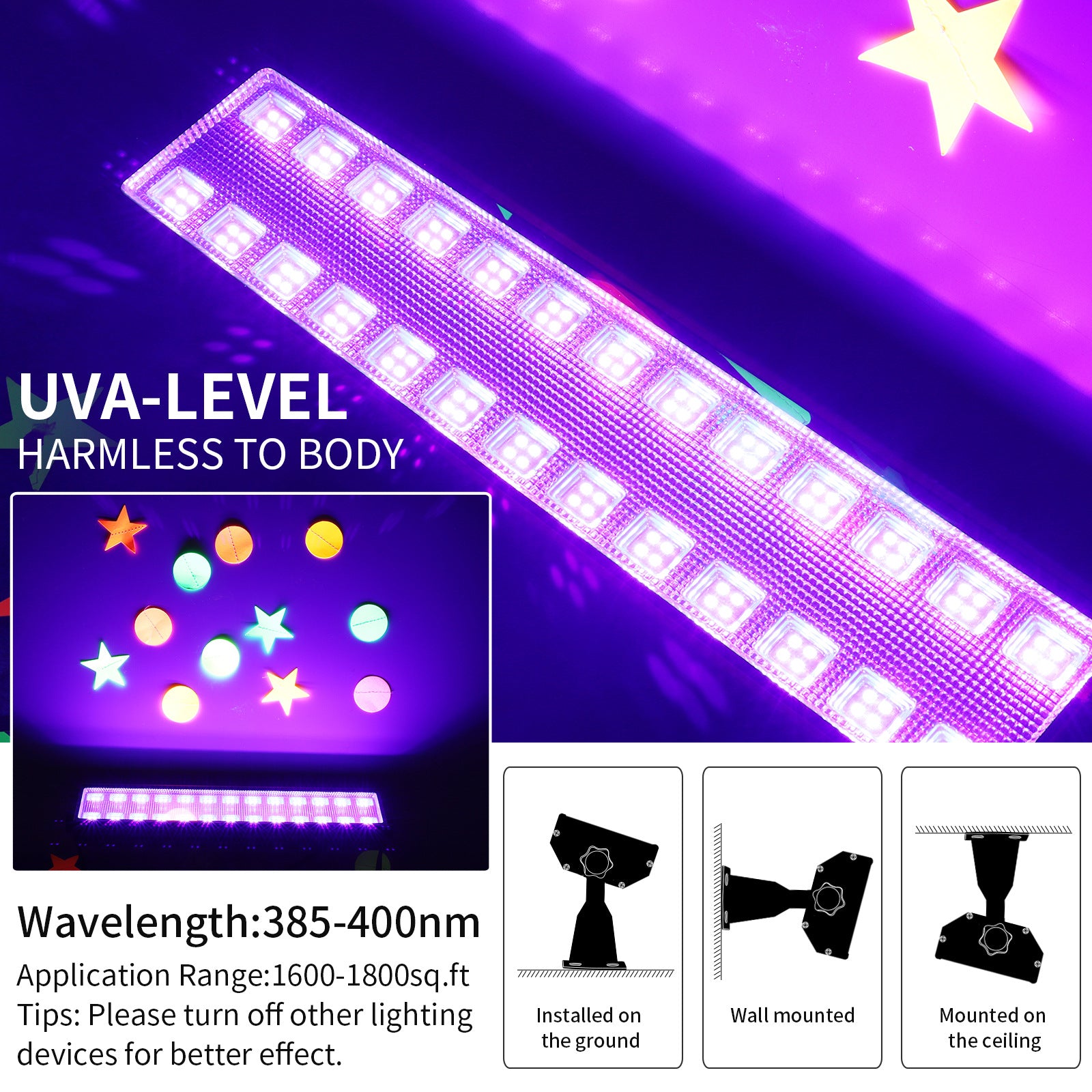 100W  395-400nm LED UV Black Light Bar, Black Lights for Glow Party, Black light with Plug &Switch, Glow Light for Halloween, Fluorescent Body Paint, Stage Lighting