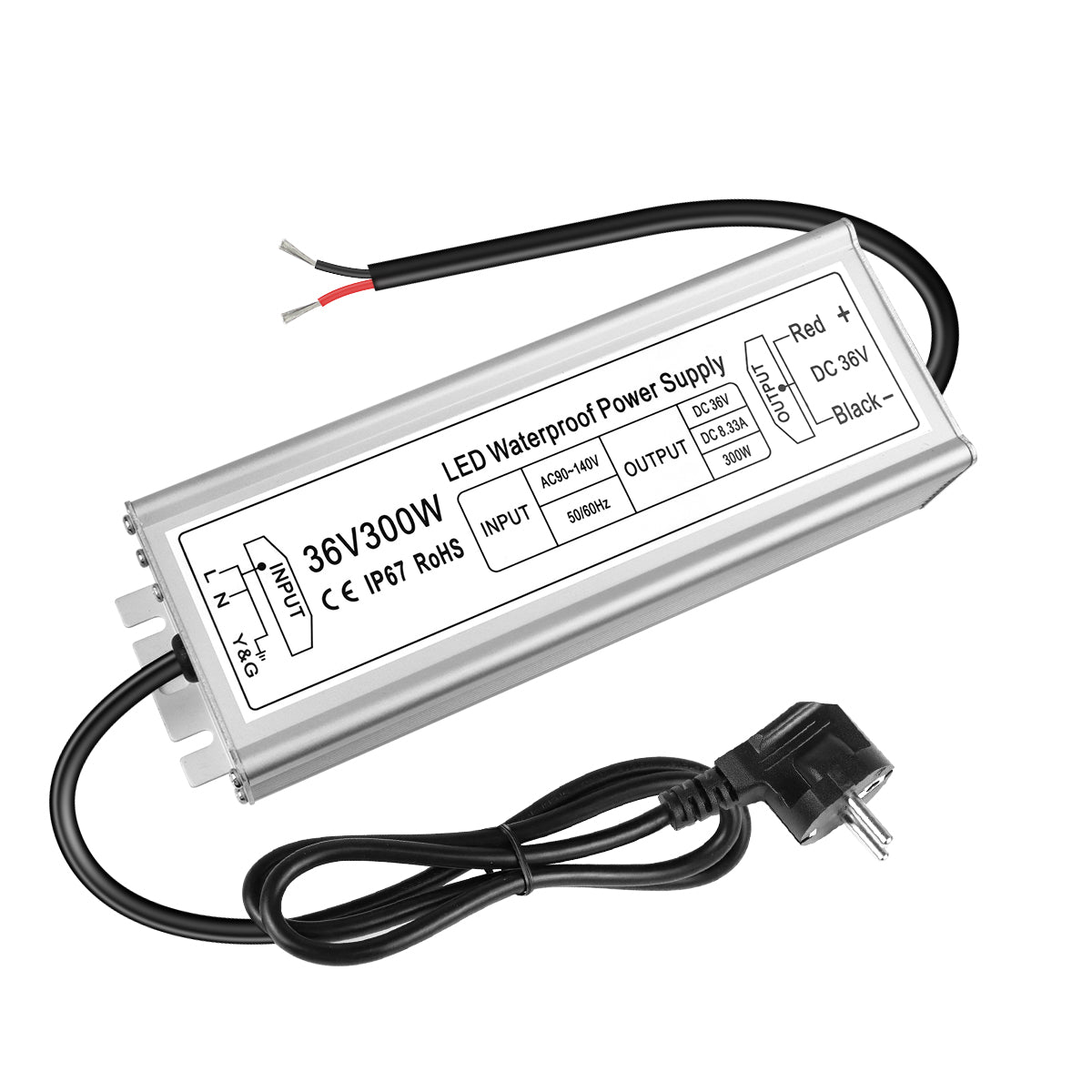 36V LED Power Supply, 175–265V Input, 100W–400W, Aluminum Housing, Constant Voltage Transformer, IP67 Waterproof SMPS, CE/RoHS/FCC — UK/EU Plug & Wire Leads Options