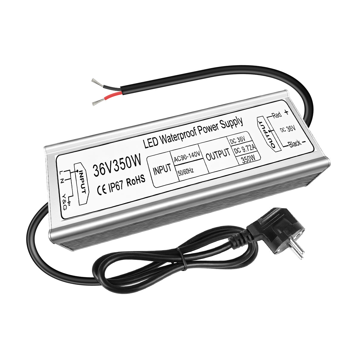 36V LED Power Supply, 175–265V Input, 100W–400W, Aluminum Housing, Constant Voltage Transformer, IP67 Waterproof SMPS, CE/RoHS/FCC — UK/EU Plug & Wire Leads Options