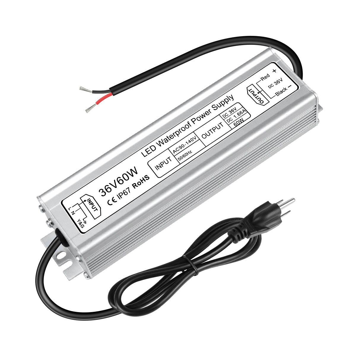 36V Waterproof LED Power Supply 60W–80W, 90–265V AC Input, Single Output Transformer, IP67 SMPS, Aluminum Housing, CE/RoHS/FCC — US/UK/EU Plug & Wire Leads Options