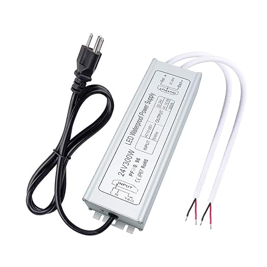 24V Waterproof LED Power Supply 30W–300W, 90–265V Input, Single/Dual Wire Output, Aluminum Housing, Outdoor LED Driver, CE/RoHS/FCC — US/UK/EU Plug & Wire Leads Options