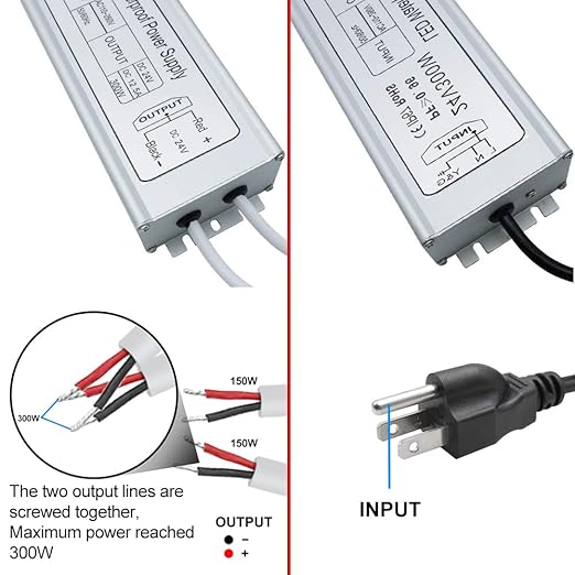 24V Waterproof LED Power Supply 30W–300W, 90–265V Input, Single/Dual Wire Output, Aluminum Housing, Outdoor LED Driver, CE/RoHS/FCC — US/UK/EU Plug & Wire Leads Options