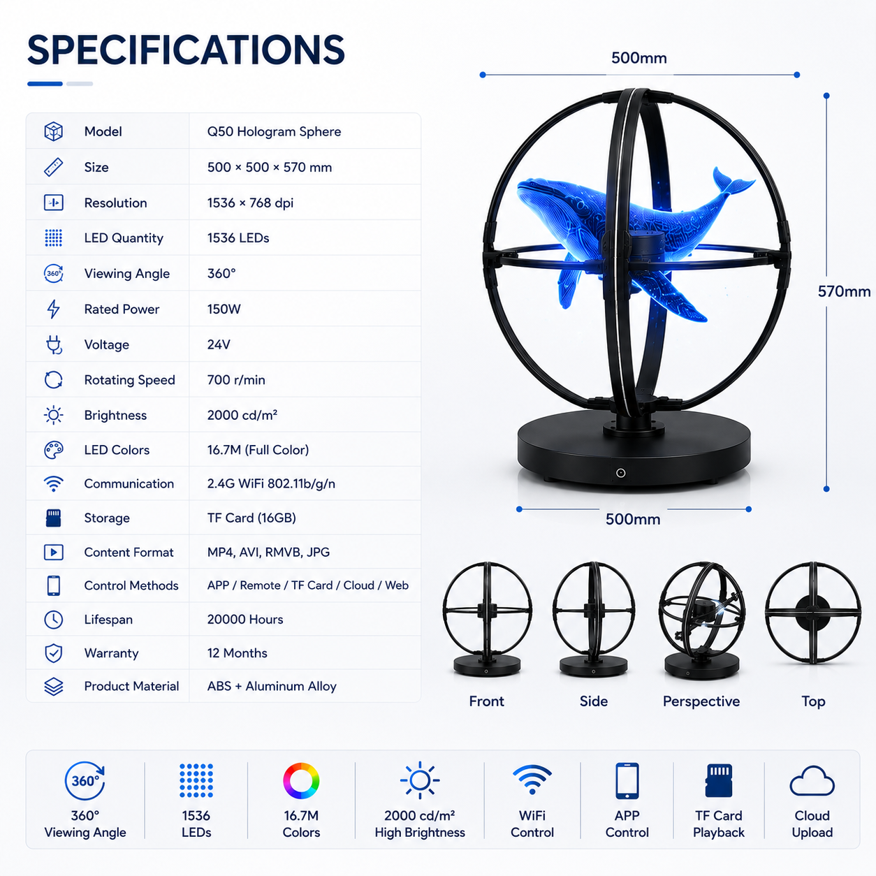 3D Hologram Fan Sphere (Holoball) 50cm (19.69") 360° LED Holographic Display | 1536 LEDs | WiFi APP Control | Commercial Advertising Display