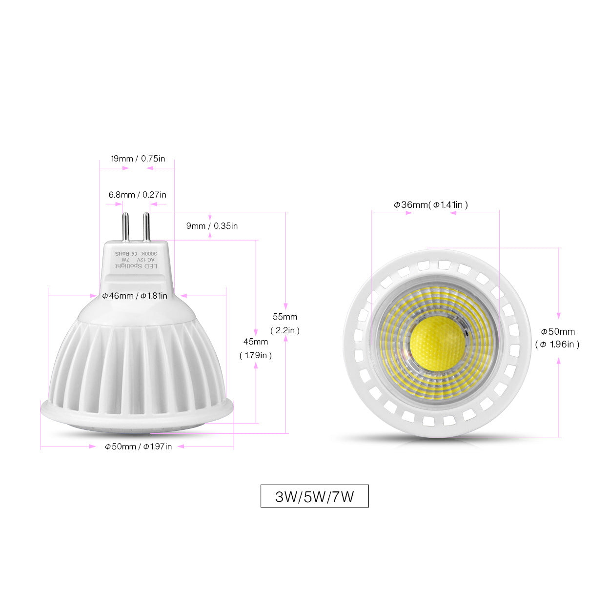 4Pack 3W/5W 12V AC/DC LED Spotlight MR16 LED Bulb Light GU5.3 Bi-Pin Base White Aluminum Housing 30° Beam Angle