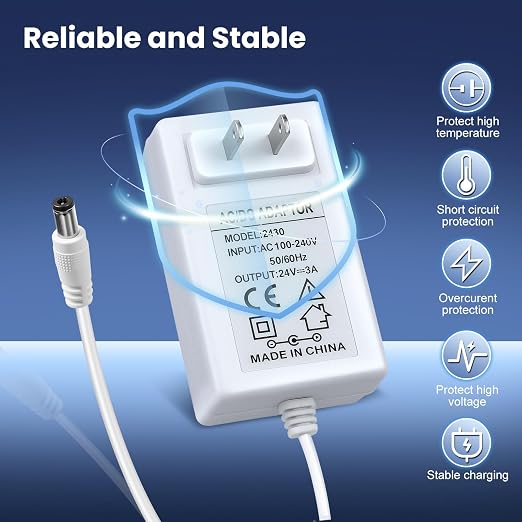 DC 24V Power Supply Adapter with On/Off Switch, 72W, US Plug, White Housing, 100–240V AC Input, Wall Plug Charger for LED Strip Lights and Electronics