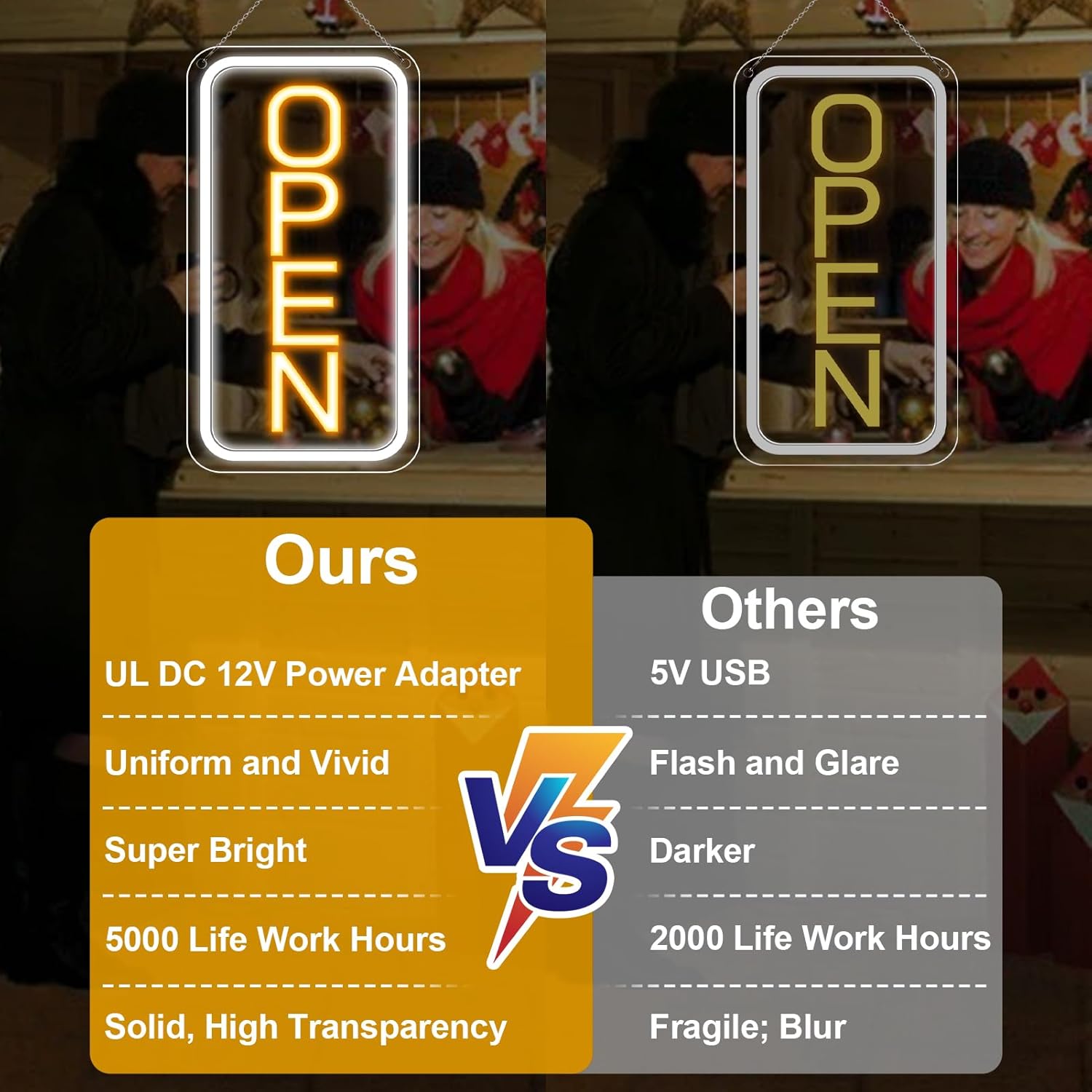 OPEN Neon LED Sign – Vertical Rectangular | 5 Glow Color Options | 16×9 / 23×12 inch | Window Hanging | Plug & Play for Storefronts