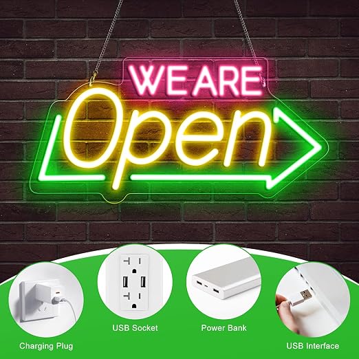 Enseigne néon « Ouvert » avec décor tournesol – Version USB | Blanc chaud / Jaune et blanc | 43 x 23 cm / 61 x 33 cm | Éclairage LED DC 5 V pour vitrine d'entreprise