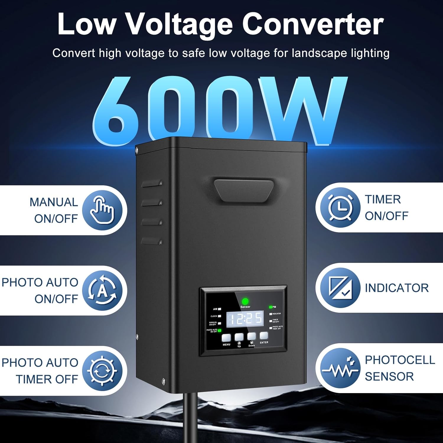 500W / 600W High-Capacity Low Voltage Landscape Transformer, 120V AC to 12V/15V AC Outdoor Lighting Power Supply with LCD Display, Timer & Photocell Sensor for Large-Scale Garden & Yard Lights
