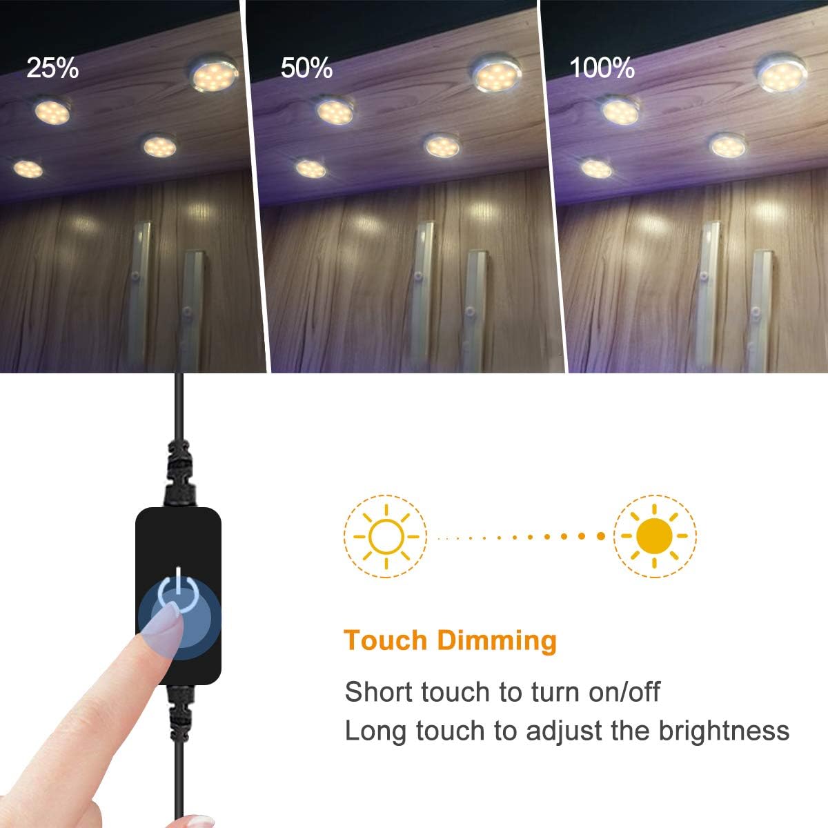 Lot de 3 ou 6 spots LED pour armoire – Blanc chaud / Blanc lumière du jour | Finition argentée | Adaptateur 12 V avec prise US/UK | Intensité réglable tactile | Fixation adhésive | Pour cuisine et sous-meubles