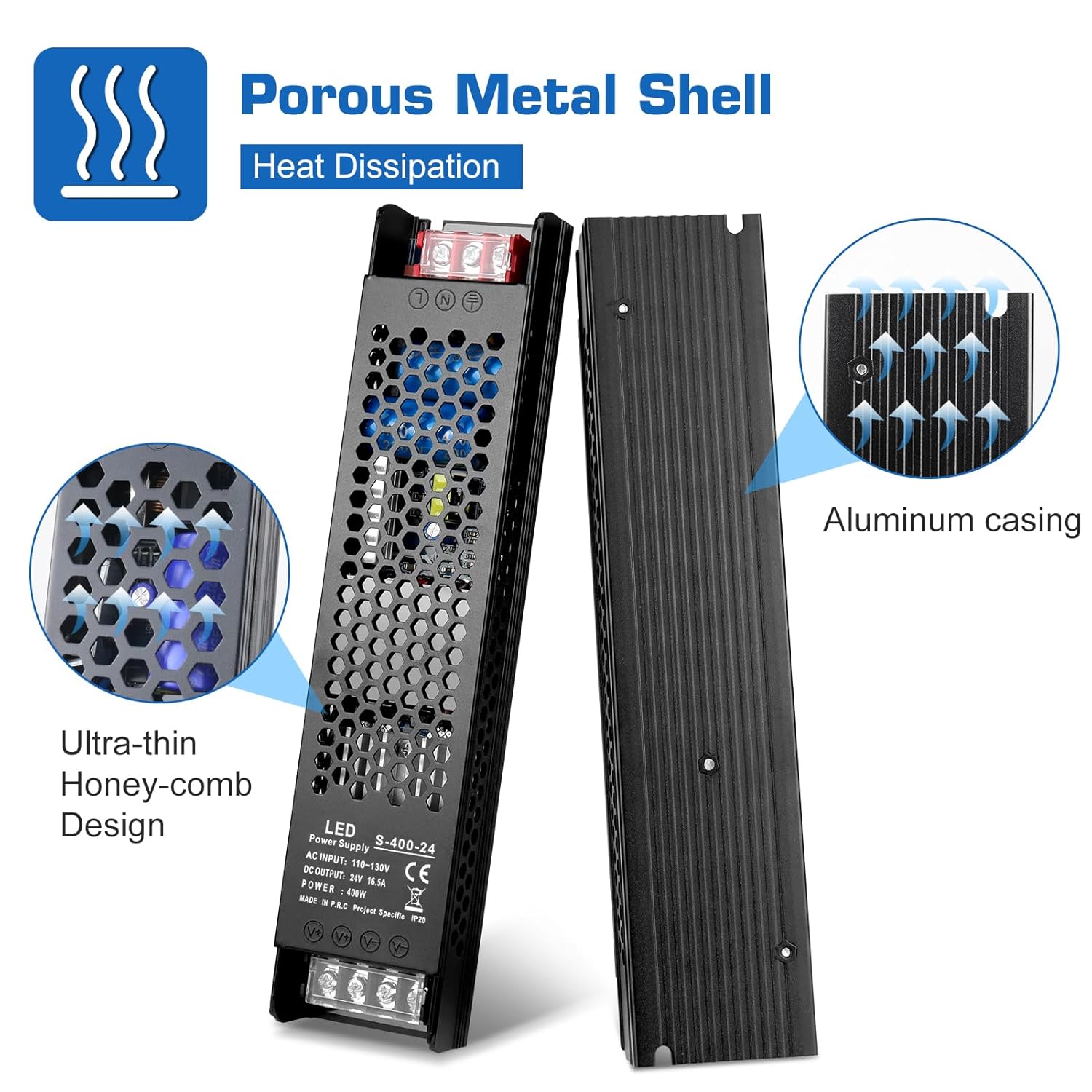 DC 12V/24V Slim Black Switching Power Supply 300W–400W, AC 110–130V/175–250V Input, LED Driver Transformer with Built-in Cooling Fan, CE/FCC/RoHS Certified