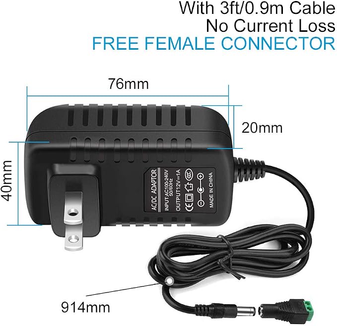 12V Power Supply Adapter 12W/24W, AC 100–240V Input, Wall Plug Transformer, Black Case — US/UK Plug, LED Driver for Strip/CCTV/Electronics