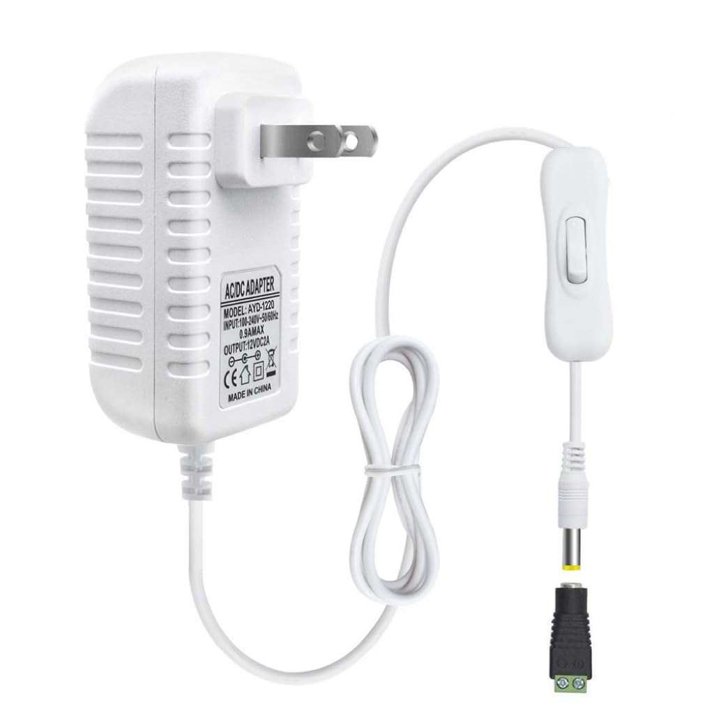 DC 12V Power Supply Adapter with On/Off Switch, 12W/24W/36W Options, US Plug, Black/White Housing, 100–240V AC Input, Wall Plug Charger for LED Strip Lights and Electronics