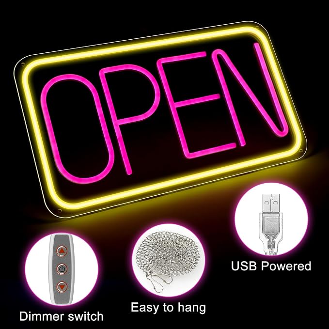LED-Neonschild „OPEN“ – rechteckig | 4 Leuchtfarbenoptionen | 16×9 / 23×12 Zoll | Fensteraufhängung | Plug & Play für Schaufenster
