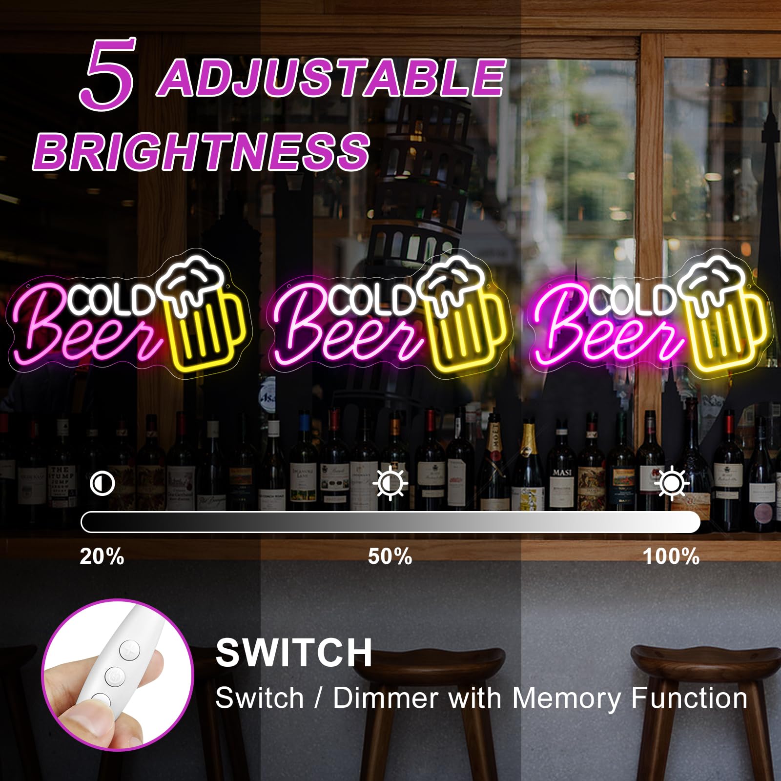 Panneau LED « Bière froide » – 41,9 cm x 22,3 cm | Éclat multicolore | Alimentation USB | Suspension | Idéal pour bar, pub, salon, discothèque et éclairage d'ambiance de fête