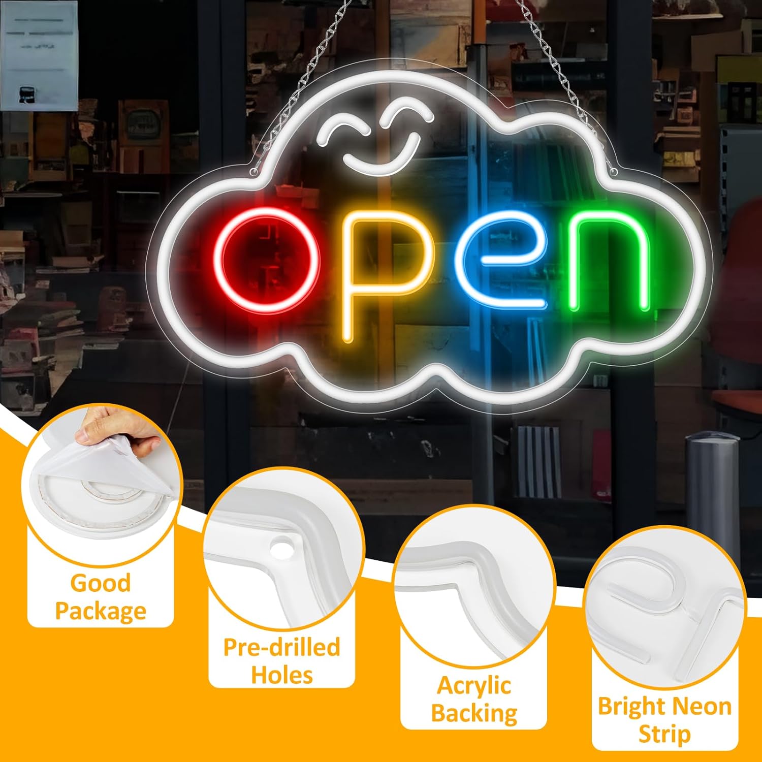 LED-Schild „OPEN“ – Wolkenform | Feststehendes Neonschild mit Regenbogen-Leuchteffekt | 2 Größen | Zum Aufhängen im Fenster | Plug & Play für Schaufenster