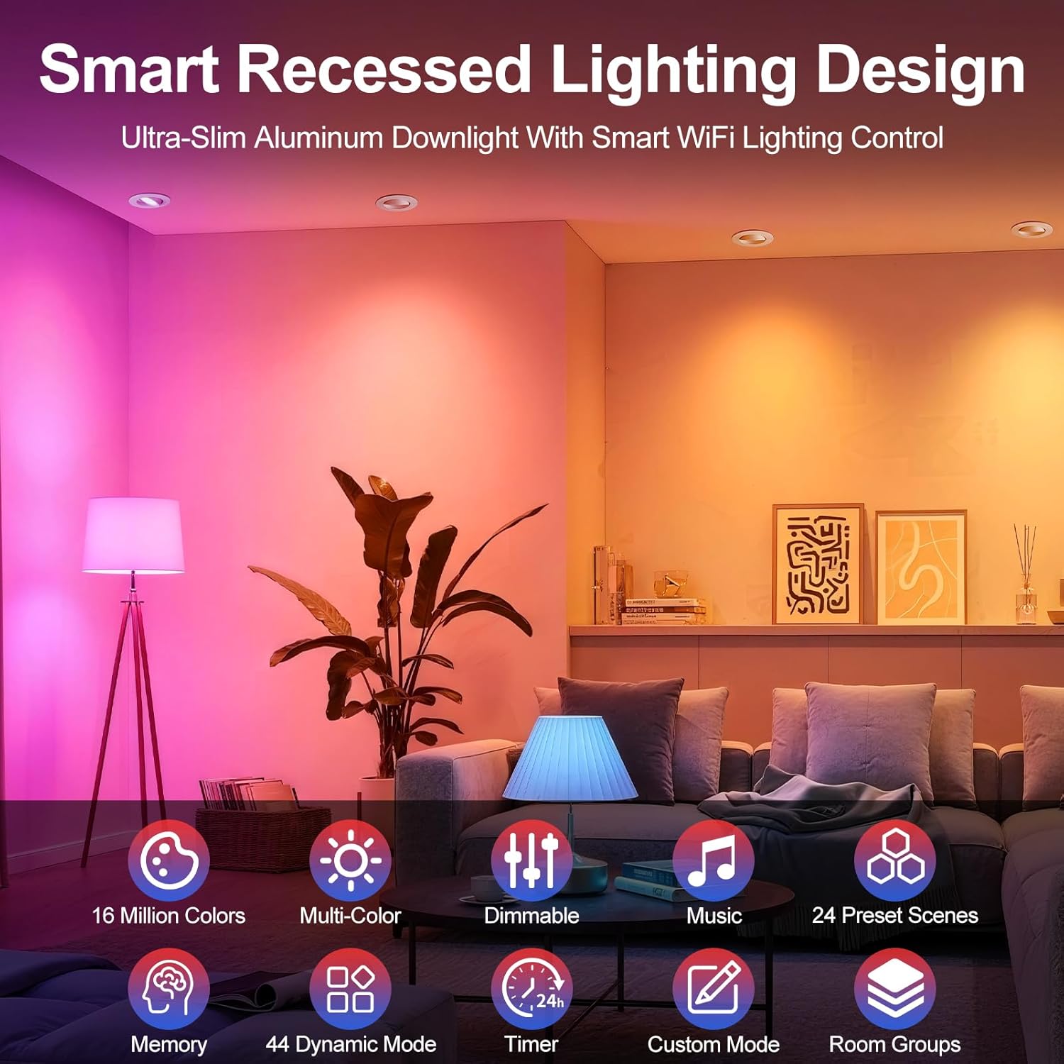 Smart WiFi Recessed Lighting | 3Inch 5W | Ultra-Thin 60° Adjustable Downlight | Dimmable RGB & CCT 2700-6500K | 85–240V | White Housing | Compatible with Alexa and Google Home | 4 -Pack