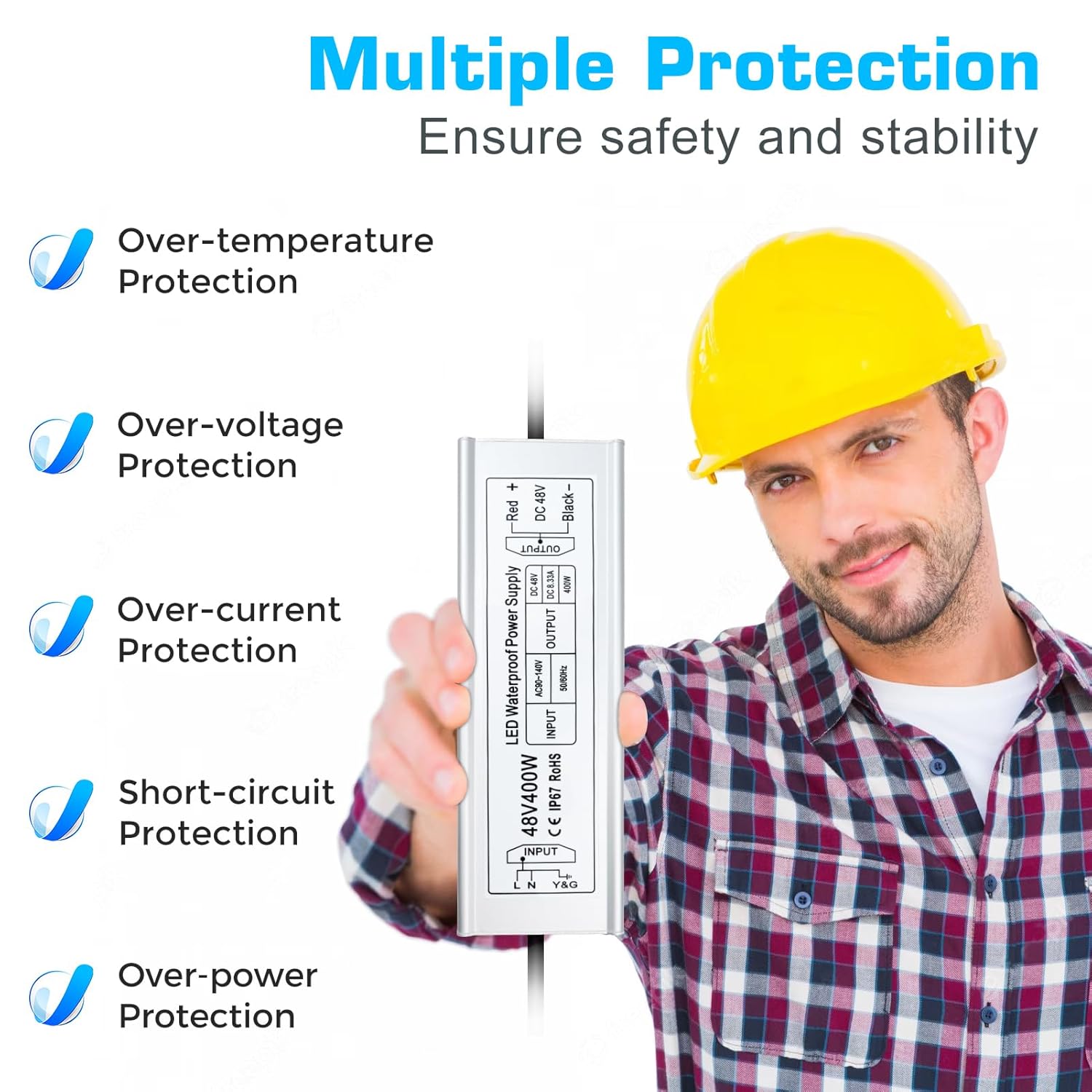 Wasserdichtes 48-V-LED-Netzteil 60–80 W, 90–265 V AC-Eingang, Transformator mit Einzelausgang, IP67 SMPS, CE/RoHS/FCC – Optionen für US-/UK-/EU-Stecker und Kabel