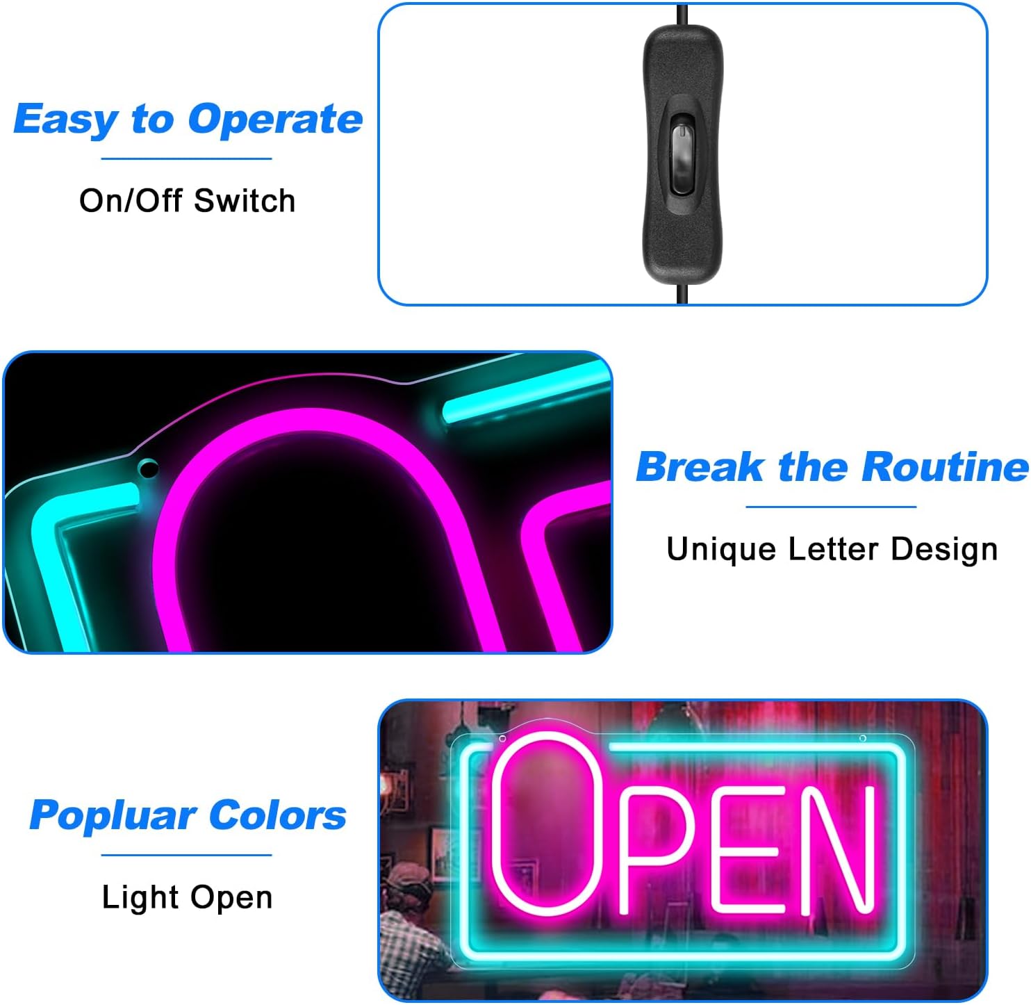 OPEN Neon Sign – Big “O” Style | 5 Glow Color Options | 17×9 inch (42×22 cm) | Window Hanging | Plug & Play for Storefronts