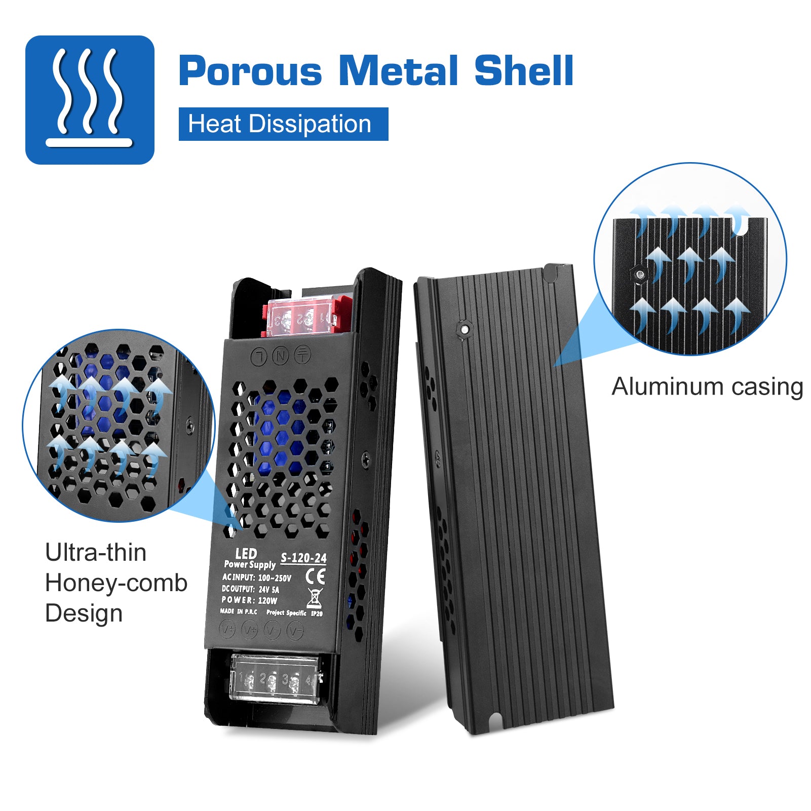 DC 12V/24V Slim Black Switching Power Supply 36W–200W, AC 110–250V Input, Narrow Type LED Transformer, Compact Metal Housing, CE/FCC/RoHS Certified