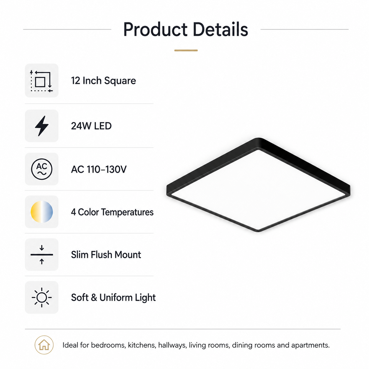 Plafonnier LED carré 9 pouces – 18 W – Blanc – 3 000 K / 4 500 K / 5 000 K / 6 500 K – Plafonnier encastré – Stock local (États-Unis, Royaume-Uni et Allemagne)