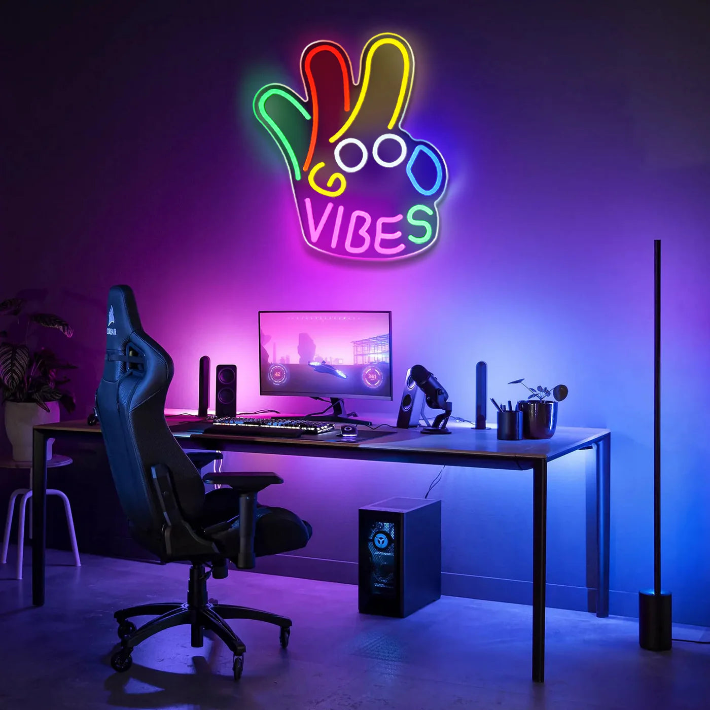 Panneau LED « Good Vibes » – Main OK | 43 cm x 33 cm | Néon USB pour décoration murale | À suspendre | Idéal pour chambre, dortoir, salon, fête
