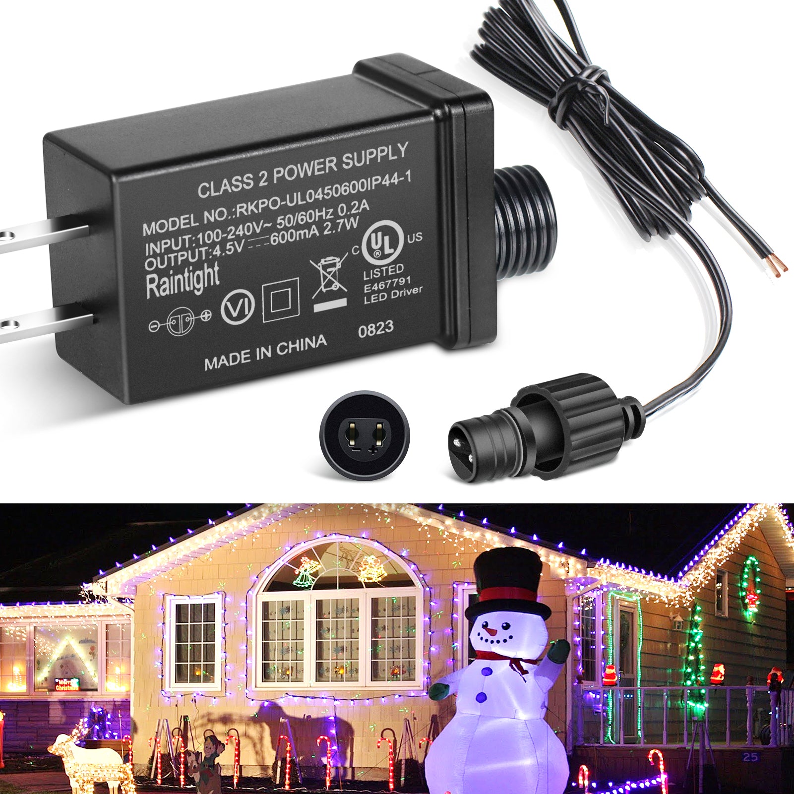 IP44 Class 2 Power Supply, AC 100–240V to DC 4.5V/12V/24V/30V Adapter Transformer, Waterproof Outdoor LED Driver for Inflatable Decorations, String Lights, Christmas Trees — US Plug