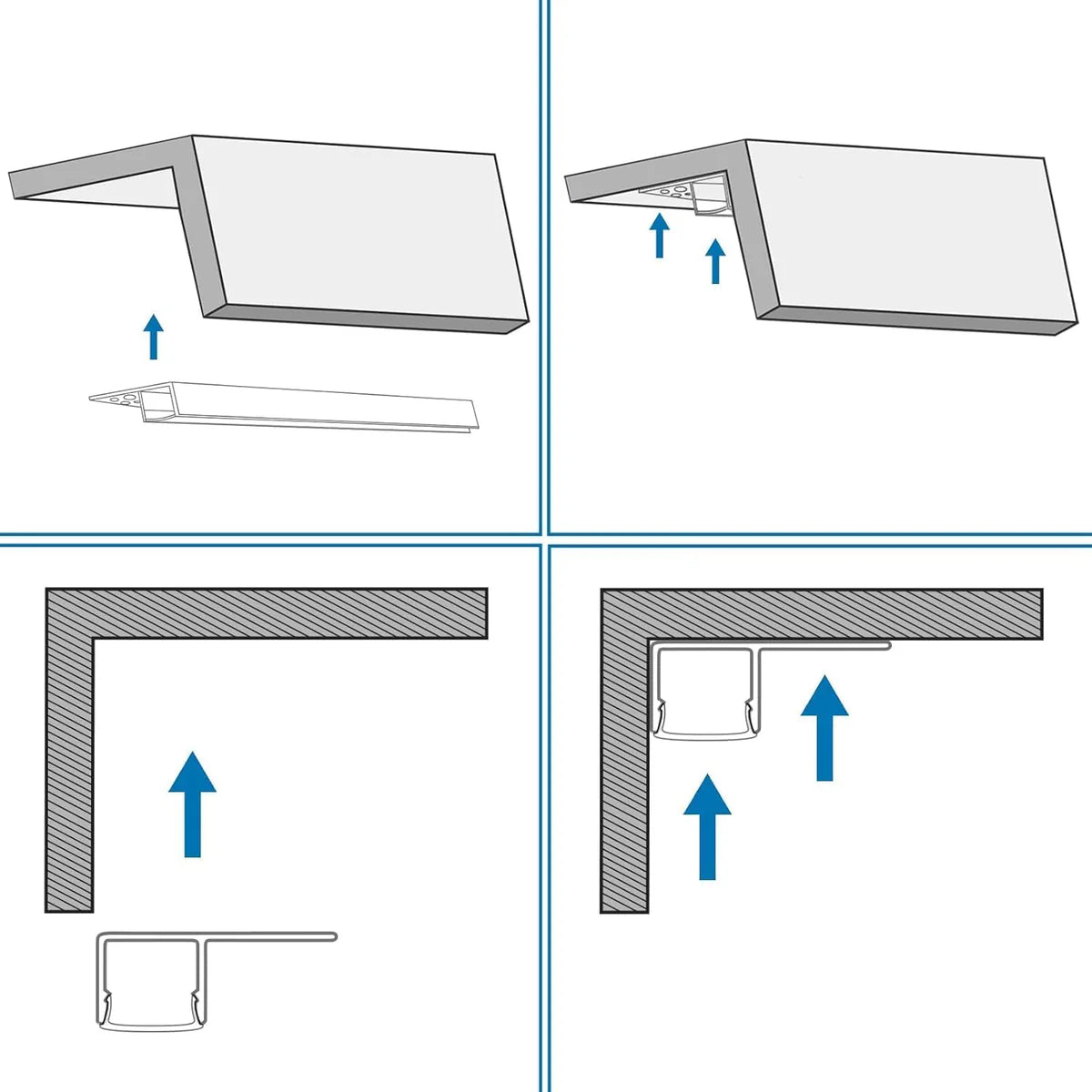 One-Sided Plaster-in Drywall LED Aluminum Channels– Fit for 1 to 12mm LED Strip | Silver | Milky White Cover | 1 / 2 / 3 Meter | Silver | Milky White Cover | 50 / 100 -Pack