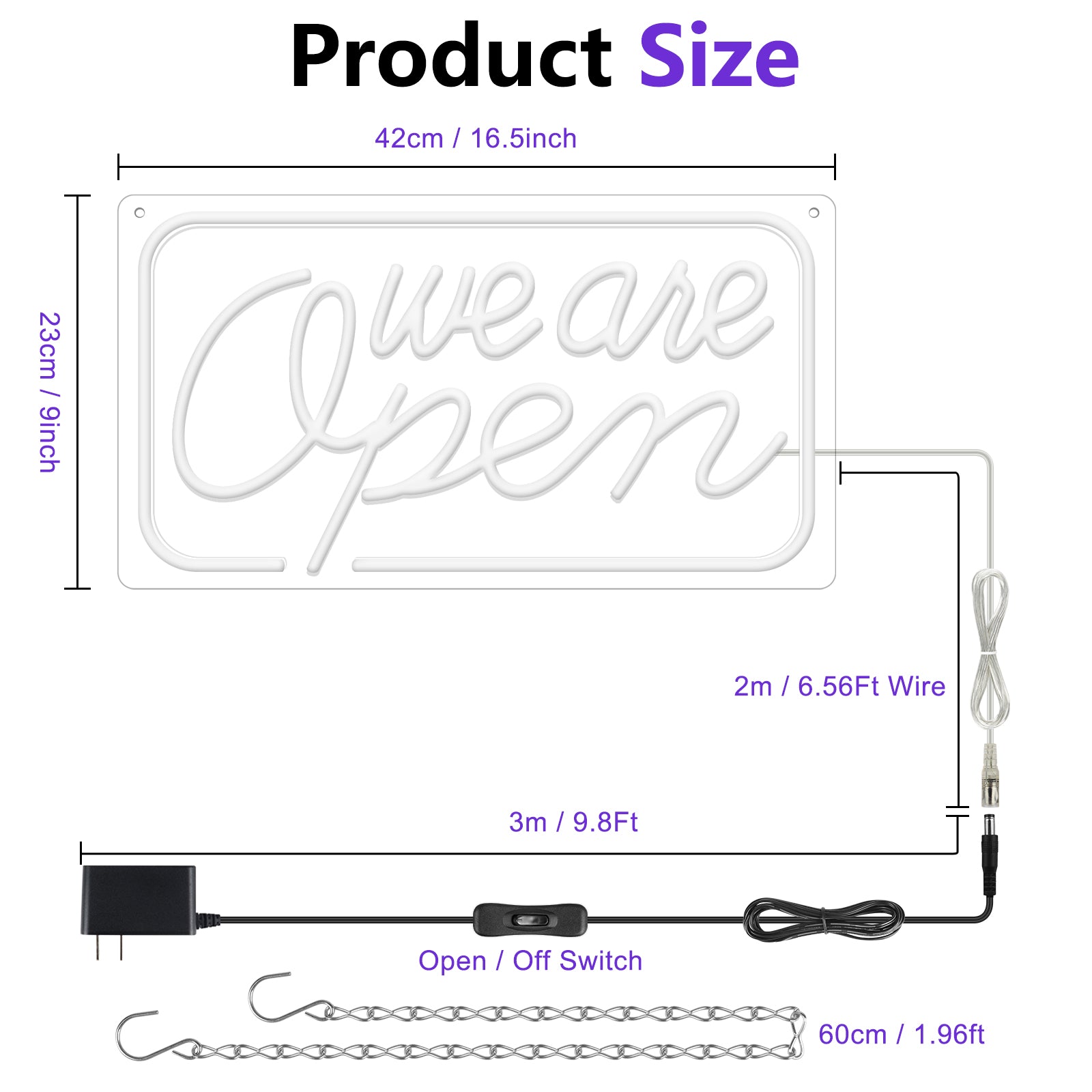 Wir haben geöffnet – Neonschild – 5 Leuchtfarbenoptionen | 42×23 cm (17×9 Zoll) | Fensteraufhängung | Plug & Play für Schaufenster
