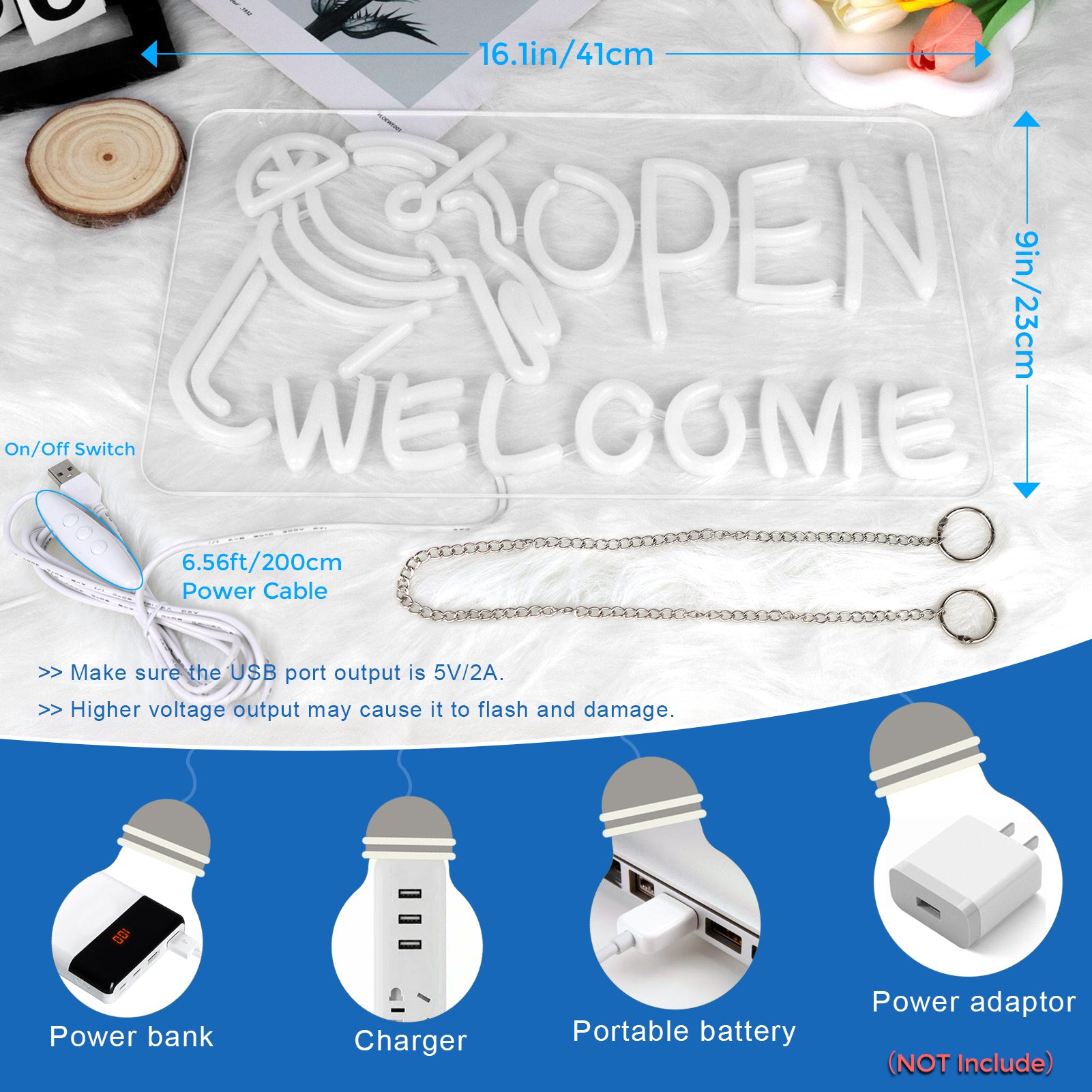 Neonschild „OPEN WELCOME“ – USB-betrieben | 41×23 cm (16×9 Zoll) | Mehrfarbiges Leuchten | LED-Fensterlicht mit Cocktail-Design für Bar, Café, Schaufenster