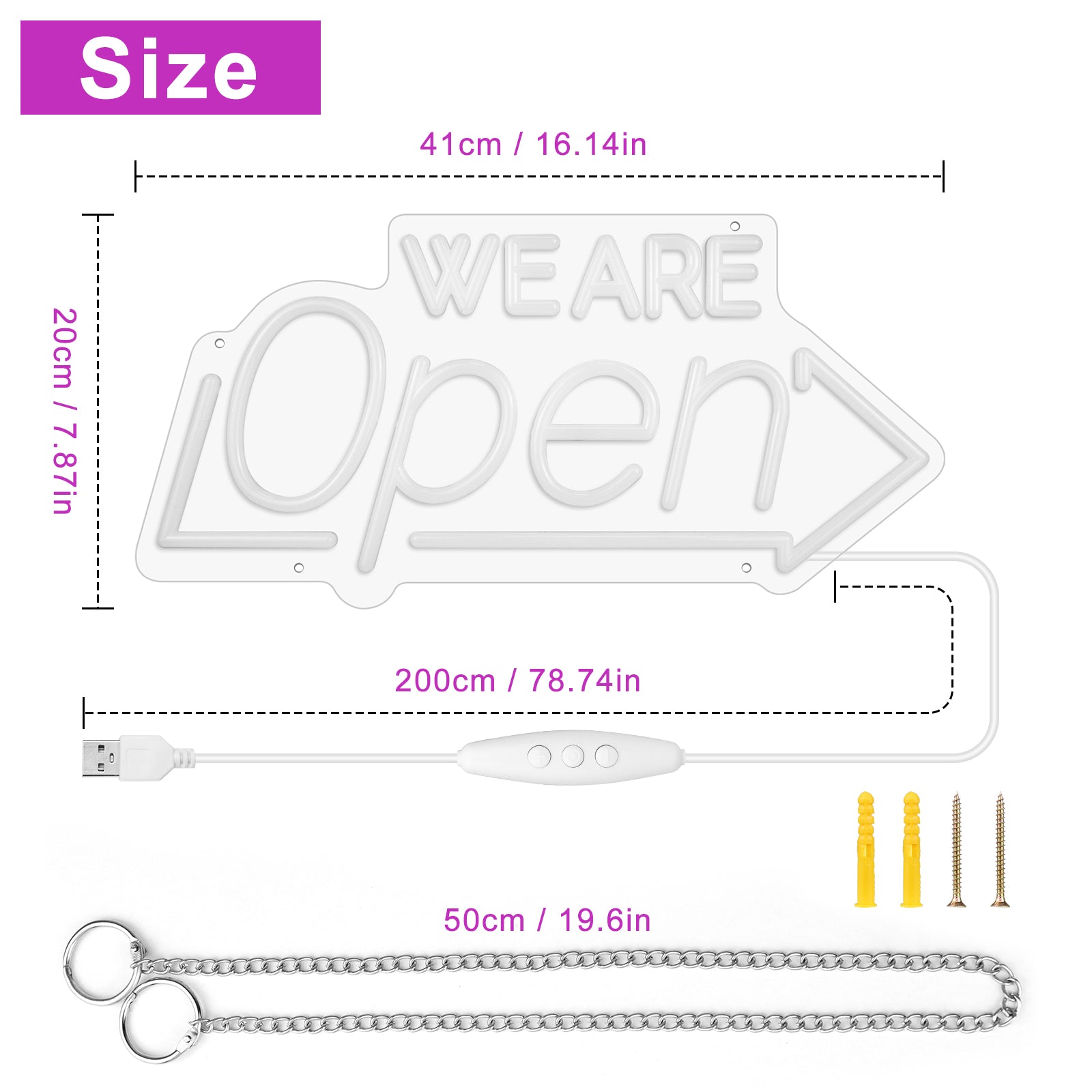 Enseigne néon « OUVERT » – Alimentation USB | 41 x 20 cm | Enseigne LED en forme de flèche | 3 combinaisons de couleurs pour vitrine